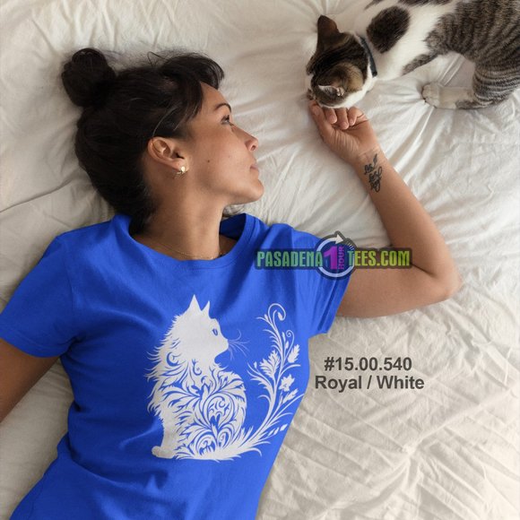 NEW Silhouette Cat Kitten Swirls Floral White Print Sizes Available Small to 1X - Picture 3 of 3